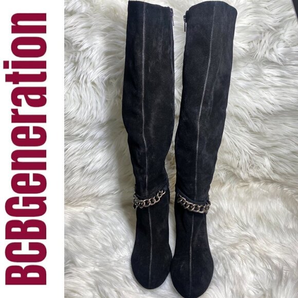 BCBGeneration Merryl Black Genuine Suede Tall Wedge Chain Link Boots, Size 9 - Picture 5 of 12